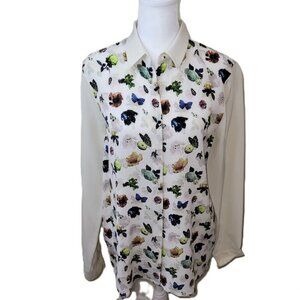 Club Monaco 100% Silk Floral Butterfly Print Long Sleeve Button Up Blouse Size S